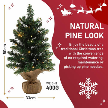 Olsen & Smith 50cm (20in) Pre-Lit Mini Christmas Tree – Battery Operated Artificial Pine Tabletop Xmas Tree with 30 Warm LED Lights, 8 Light Modes & Sack Cloth Base – Perfect for Home, Office & Desk Decoration